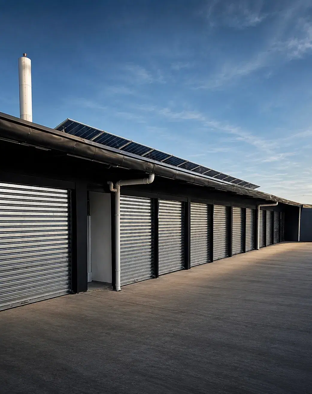 Hilera de bodegas de acero con paneles solares en el techo bajo la luz cálida del atardecer